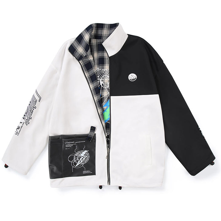 Reversible Patchwork Checkerboard Embroidered Print Patch Jacket