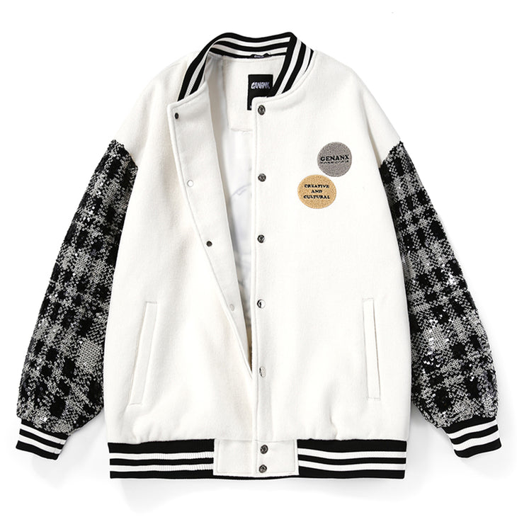 Vibe Style Color Block Embroidered Baseball Collar Jacket