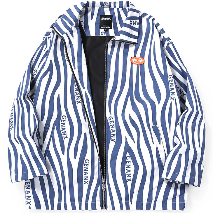 Striped Print Embroidered Patch Zip Lapel Couple Jacket