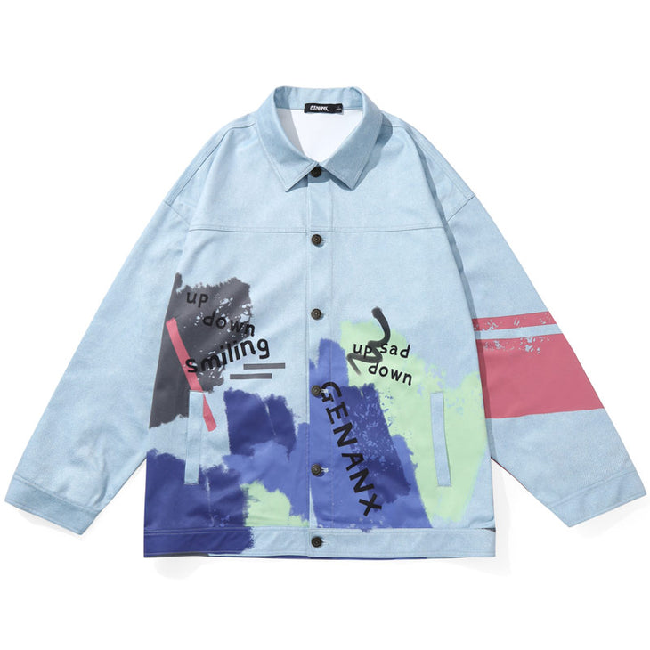 Graffiti Painted Grey-Blue Color Block Couple Jacket