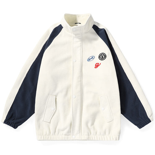 Color Block Letter Embroidery Polar Fleece Jacket