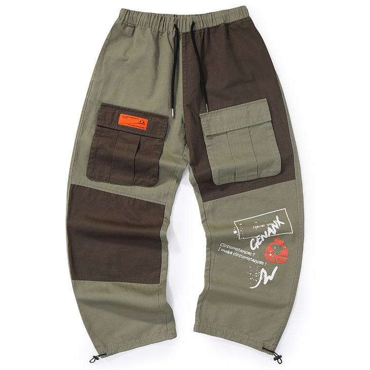 Safari Style Patchwork Pocket Print Drawstring Casual Pants