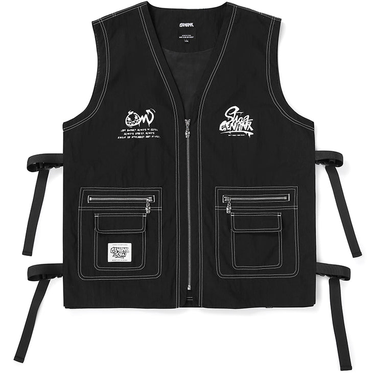 Black Moto & Biker Style Pockets Zipper Vest