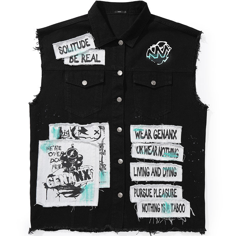 Street Style Asymmetric Graffiti Print Denim Vest