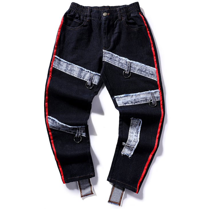 Hip Hop Spliced Print Zipper Denim Pants