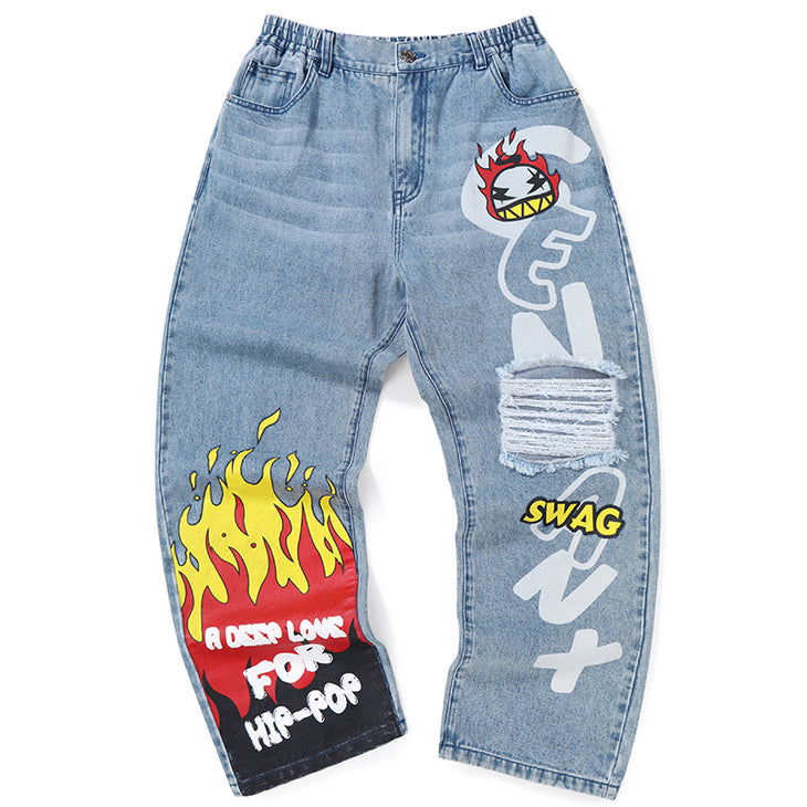 Blue Street Letter Flame Print Straight Jeans