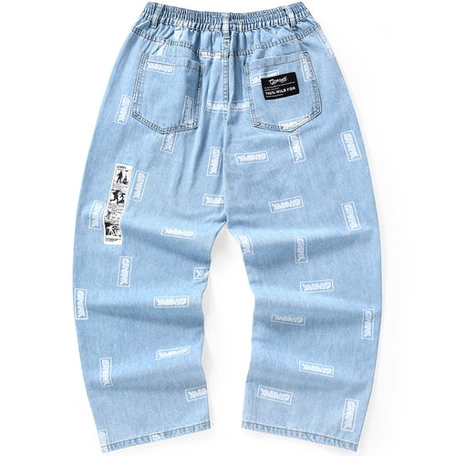Blue High Street Print Zipper Elastics Straight Jeans