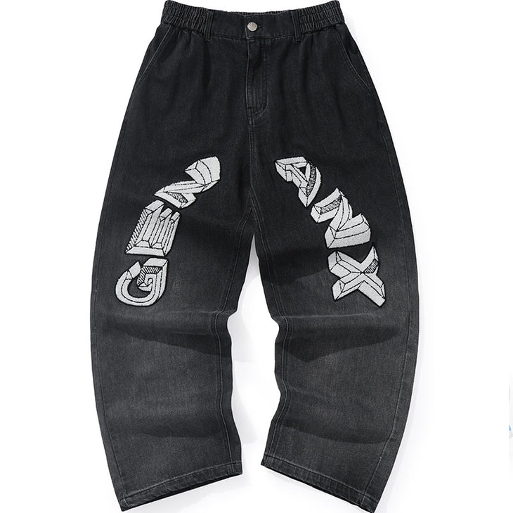 Black Letter Flocking Embroidery Straight Jeans