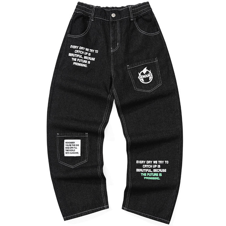 Black Street Print Pocket Loose Straight Denim Pants