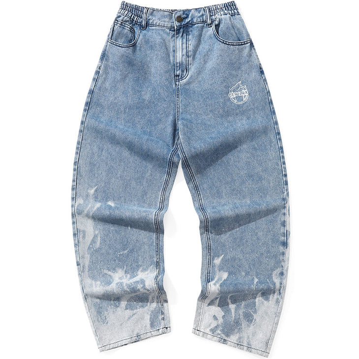 Blue Plain Flame Print Straight Denim Jeans