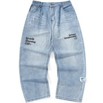 Blue Ripped Letter Print Zipper Straight Jeans