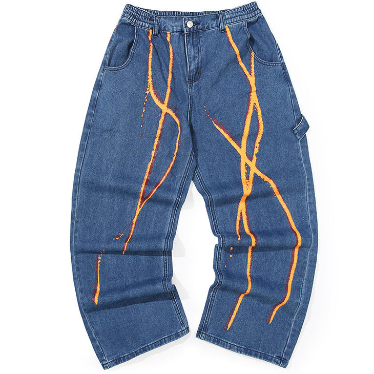 Blue Line Print Straight Denim Pants With Braid