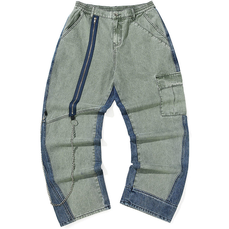 Color Block Patchwork Zipper Chain Jeans