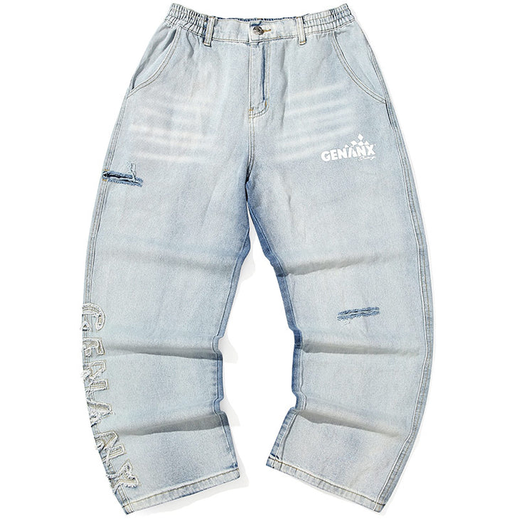 Blue Ripped Print Denim Jeans