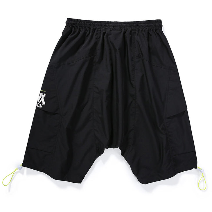 Black Plain Print Pocket Stretch Rope Casual Shorts