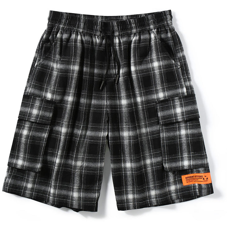 Minimalist Black Plaid Pocket Drawstring Shorts