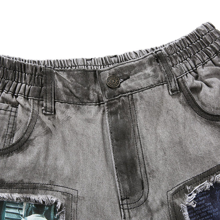 Gray Ripped Raw Edge Print Denim Shorts