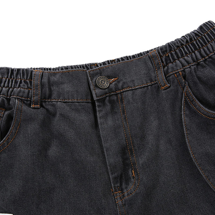 Black Street Spliced Straight Denim Shorts