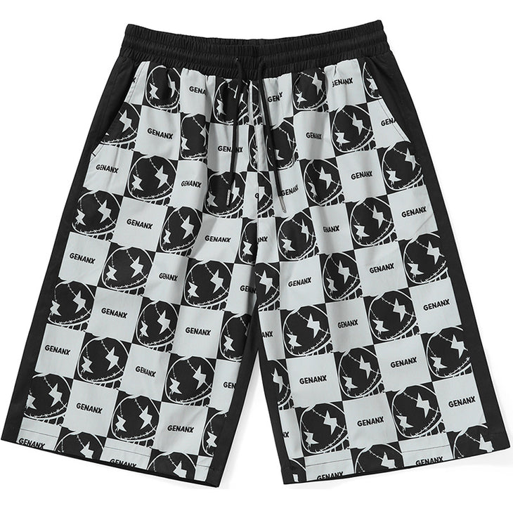 Black Checkerboard Cartoon Print Loose Shorts