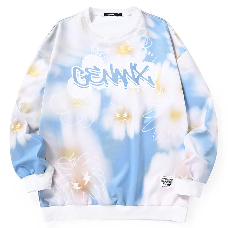 Daisy Print Tie Dye Crew Neck Sweatshirt