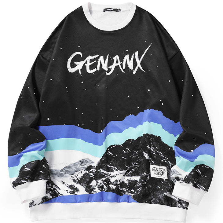 Color Block Galaxy Print Crew Neck Space Cotton Sweatshirt