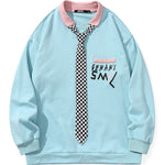 Color Block Lapel Sweatshirt With Plaid Tie