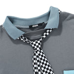 Color Block Lapel Sweatshirt With Plaid Tie