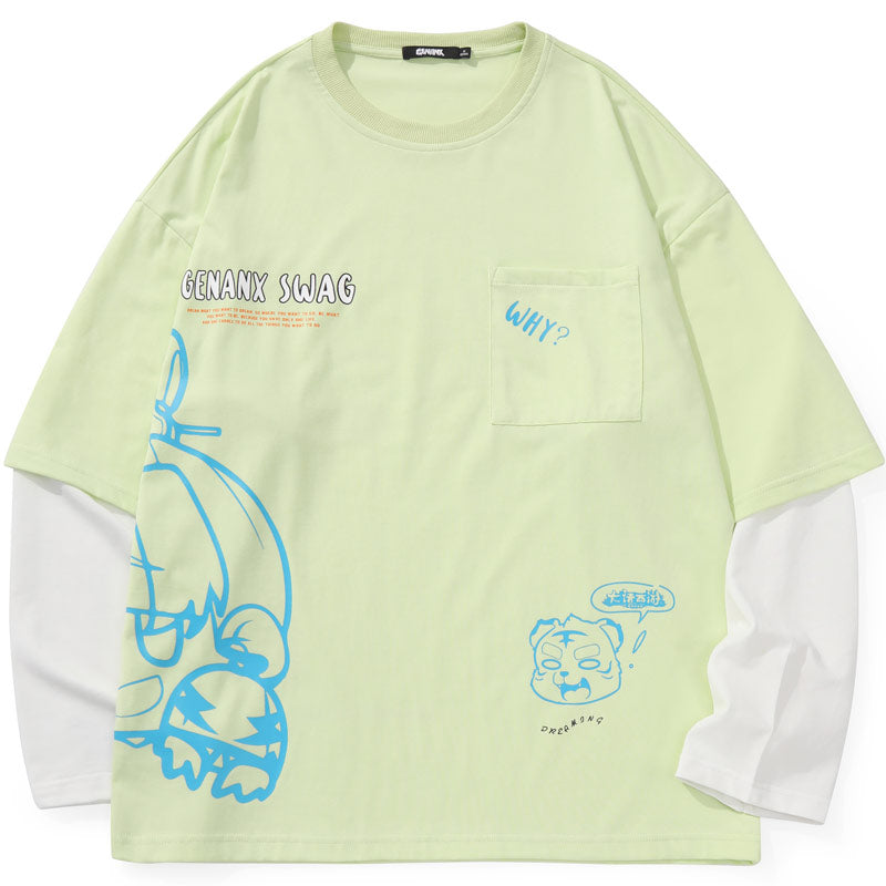 Fake Two Piece Contrast Color Spliced Crew Neck Sweatshirt