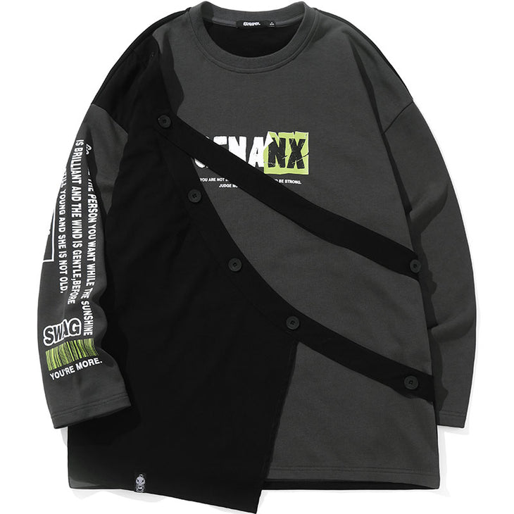 Dark Gray Street Asymmetric Tiered Spliced Print Sweatshirt