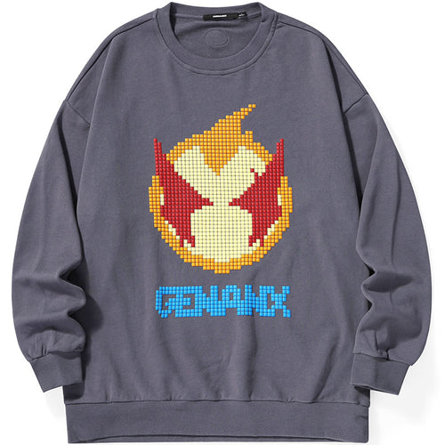 Pixel Cartoon Print Drop-Shoulder Sleeve Sweatshirt