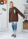 Plain Checkerboard Bear Print Decorative Cord Padded Sweatshirt